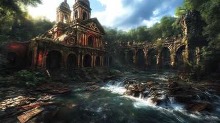 Fototapeta premium Ruined church, overgrown with nature, by a flowing stream. Ancient, lost, abandoned