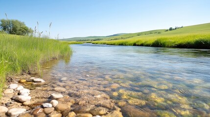 A clear river flows through a verdant landscape. The riverbed is visible, showcasing smooth stones. Lush green grasses line the banks. The image is well-lit, displaying high resolution detail. The