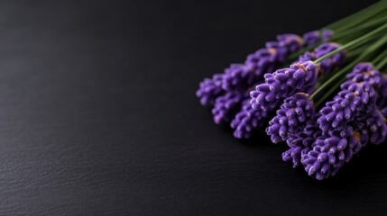 Obraz premium Delicate lavender sprigs on dark surface