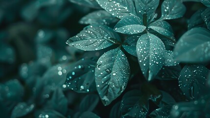 Obraz premium Close-up of water droplets on a green leaf with soft-focus background