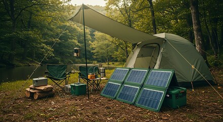 Off-Grid Camping Setup with Solar Panels in a Lush Forest Environment