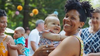 Diverse group of moms holding their babies at a community Mother’s Day event