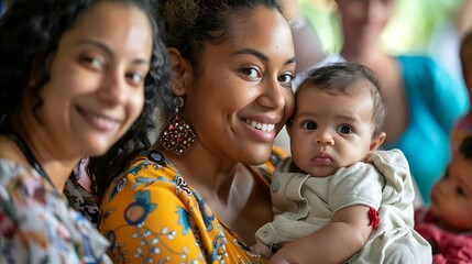 Diverse group of moms holding their babies at a community Mother’s Day event