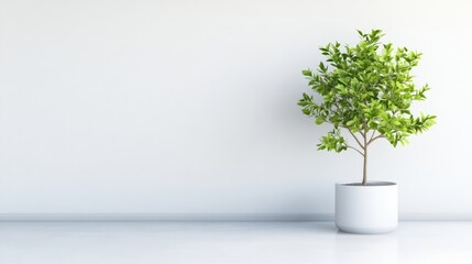 Obraz premium Minimalist interior design with a potted plant. A small, lush green plant in a simple white pot sits against a clean, white wall and floor, creating a tranquil and contemporary aesthetic