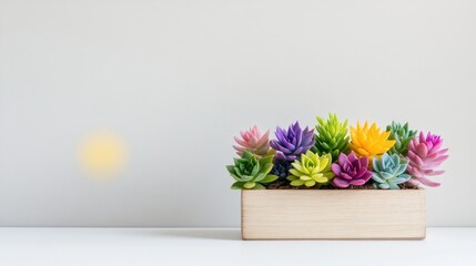 Colorful succulent planter arrangement on white surface