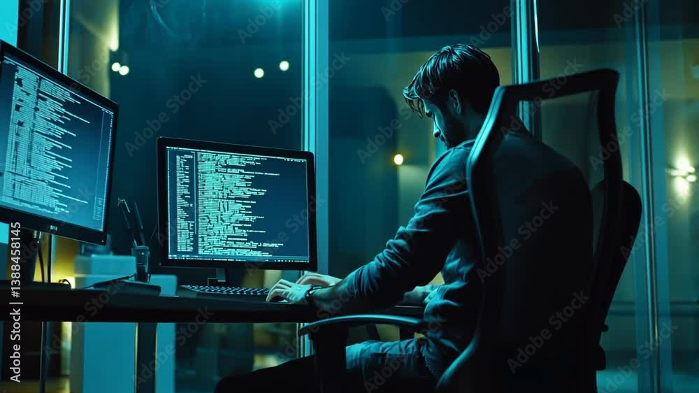 Poster programmer coding at night on laptop for malware analysis generative ai