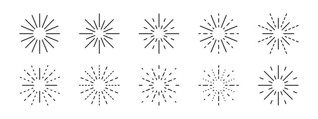 Set of fireworks icons. Sun or star symbols. Starburst, sunburst or sunbeam signs. Radiance or energy, twinkle, bling or sparkle pictograms isolated on white background. Vector graphic illustration.
