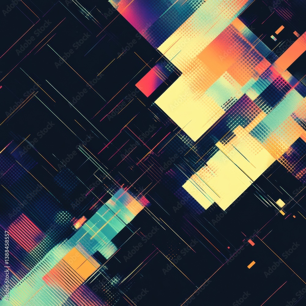 Poster Modern abstract pixelated digital pattern featuring structured gaps and a high-contrast color scheme with a cybernetic theme