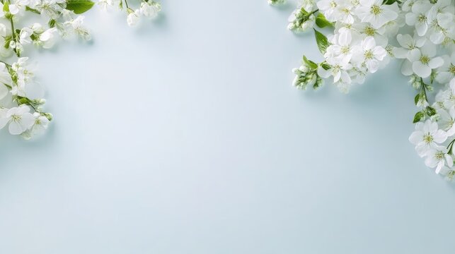 White blossoms frame a pale blue background. The image features delicate spring flowers arranged at the top corners. The background is simple and clean. It has a soft, high-quality resolution and ge