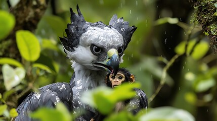 Naklejka premium Harpy eagle snatching monkey canopy Amazonian rainforest apex predator rain drenched wings