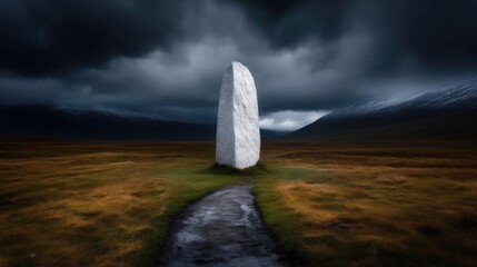 Majestic white stone monolith stands tall amidst dramatic landscape.  A path winds towards the ancient monument under a stormy sky