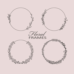 Four Elegant Hand-Drawn Floral Wreath Frames on a Soft Pink Background