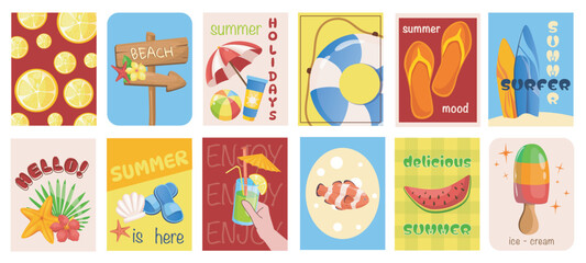Summer beach cover typography template for posters, prints. Minimalistic banners set with summertime sea travel, surfboards, seashells, watermelon, cocktail, ice cream, other. Vector illustration.