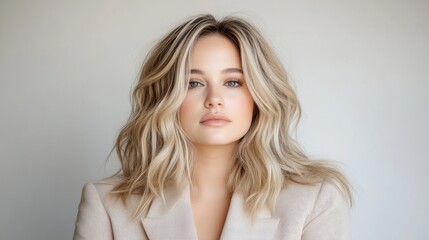 Naklejka premium Elegant, light blonde, wavy hairstyle on a woman in a light beige jacket. Natural makeup