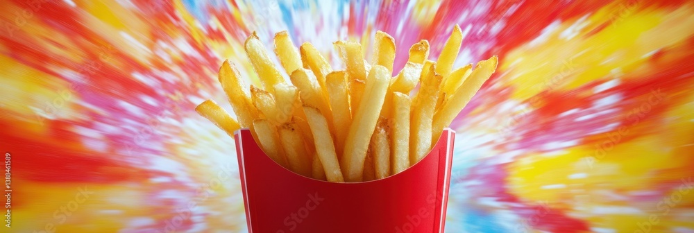 Poster vibrant golden crispy french fries in a classic red container with colorful splashes in the backgrou
