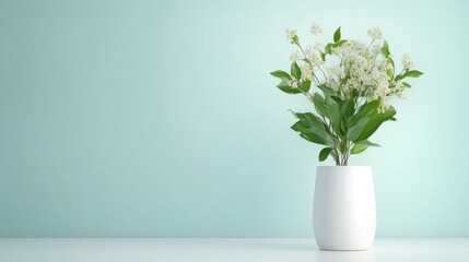 Naklejka premium A white ceramic vase with blooming white flowers and green leaves on a minimalist white surface against a soft mint green wall, and indoor floral arrangement.