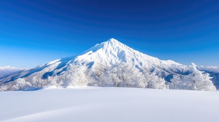 Fototapeta premium A snow-covered mountain dominates the image, its peak sharp against a clear blue sky. Foreground shows a snowfield, and smaller snow-laden trees are visible in the middle ground. The photo boasts hig