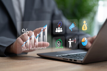 Sales performance management, increasing market share with digital marketing strategies concept,...