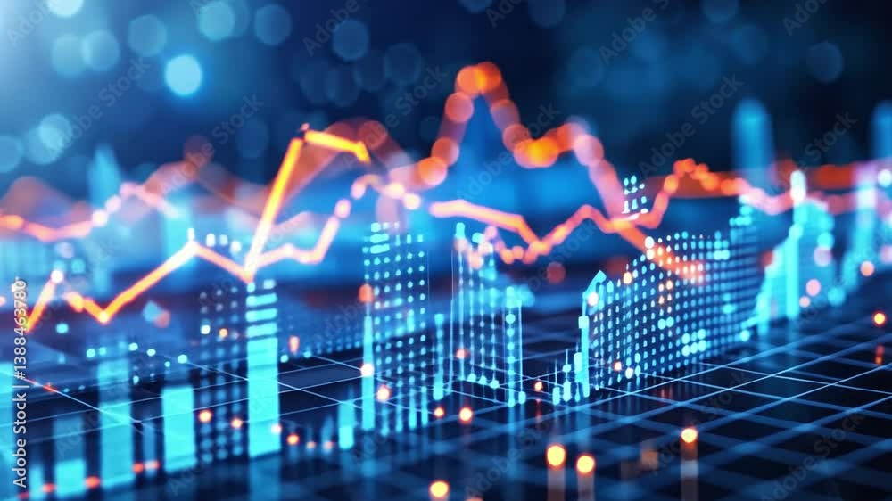 Poster digital data visualization analyzing financial trends with vibrant graphs and charts in technology d