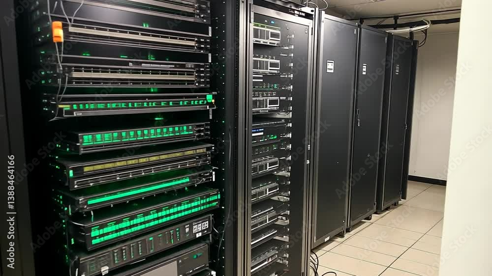 Poster modern data center showcasing server racks with active components generative ai