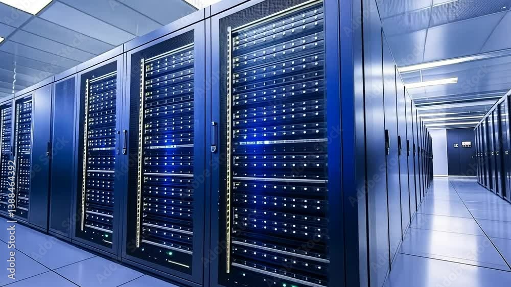 Poster high-tech data center with illuminated server racks and cool ambiance generative ai
