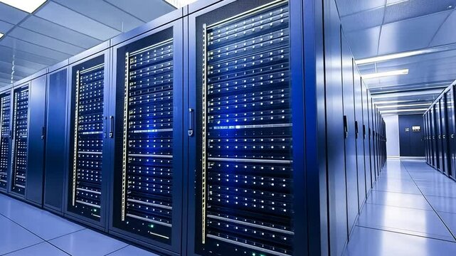 High-tech Data Center With Illuminated Server Racks and Cool Ambiance Generative AI