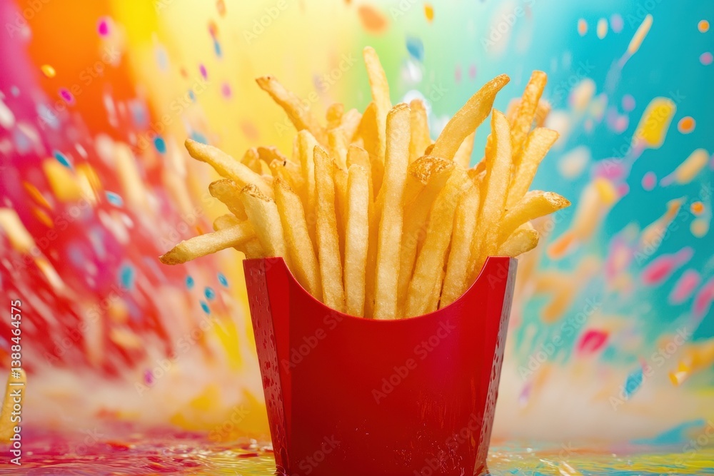 Poster Crispy golden french fries in a red container with colorful splashes creating a vibrant and energetic atmosphere