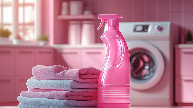 Spray de limpeza rosa ao lado de toalhas dobradas em lavanderia com decora&ccedil;&atilde;o monocrom&aacute;tica