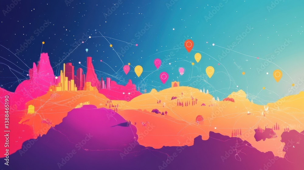 Poster explore new horizons with a vibrant travel map marking unique destinations and adventures around the