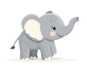Obraz premium A grey elephant with a cheerful demeanor is depicted standing in a playful pose within a modern art piece characterized by flat visuals and minimalist styling, conveying a friendly demeanor through