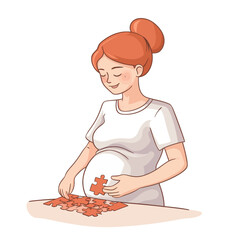 A pregnant woman is putting together a puzzle in a contemporary, flat, and modern artistic style
