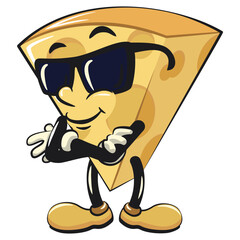 cute cheese cartoon isolated vektor illustration mascot character wearing sunglasses folding his arms calmly, work of hand drawn