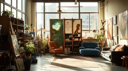 Fototapeta premium Sunlit Artist's Loft: A Creative Haven
