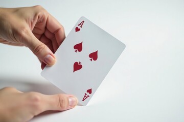 Close-up of a single playing card flipping, white backdrop , background, red