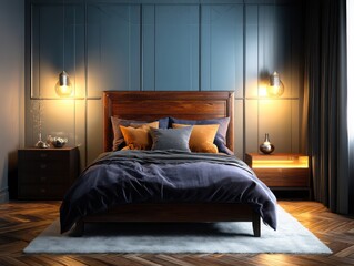 A cozy bedroom with warm ambient lighting, featuring a dark wood bed with deep blue bedding