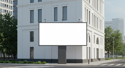 Urban building featuring billboard mockup with digital display screen for OOH media. White blank space ideal for ad, commercial, marketing campaign in downtown. Modern architecture with empty sign.