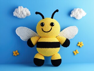 Knitted bee toy smiling against a bright blue background  