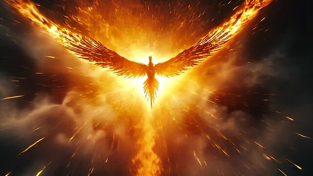 Fiery phoenix rising from flames, wings outstretched amidst dark clouds