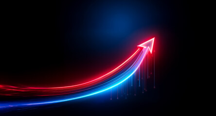A vibrant red and blue arrow, formed by light trails, dynamically curves upwards against a stark black backdrop. The arrow evokes a sense of progress, direction, and futuristic technology with its neo