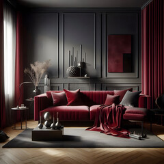 Elegant living room with a plush red velvet sofa, dark walls, and rich burgundy accents