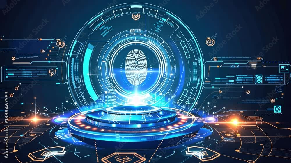 Poster futuristic digital interface showcasing glowing fingerprint scanner and data visualization, emphasiz