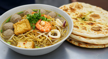 Noodle Soup With Meatballs, Tofu, Shrimp, And Squid, Served With Flatbread
