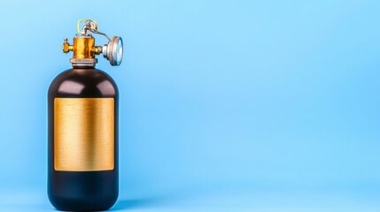 Obraz premium Black Metal Cylinder with Gold Label on Blue Background