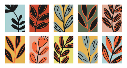 Design wall decoration, poster. Abstract art background with leaves, branches, and hand-drawn...