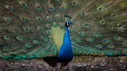 Obraz premium Experience the breathtaking beauty of a magnificent peacock displaying its vibrant plumage in an awe-inspiring artistic scene.