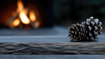 Rustic pine cone on wooden surface, fireplace background