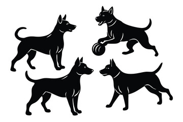 A variant style set of dog silhouette vector. Flat black color dog playing illustration design, dogs symbol isolated on a white background.