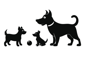 A variant style set of dog silhouette vector. Flat black color dog playing illustration design, dogs symbol isolated on a white background.