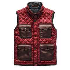 Naklejka premium Quilted Winter Vest in Burgundy with Leather Details Isolated on Transparent Background