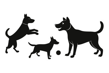 A variant style set of dog silhouette vector. Flat black color dog playing illustration design, dogs symbol isolated on a white background.